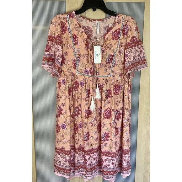 Beachsissi Summer Dress Womens Sz M Pink Floral Short Sleeve Tassels Bach Casual - Picture 2 of 5